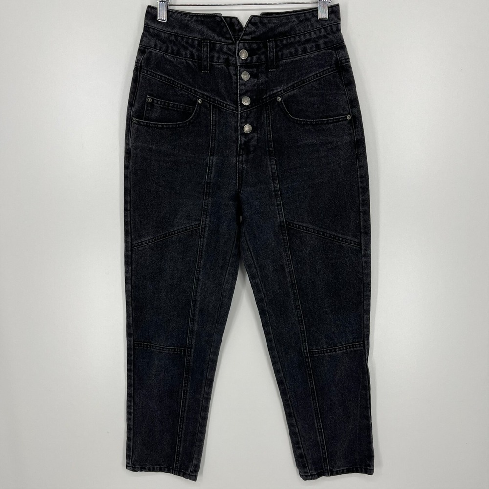 Forever 21 Womens High Rise V-Waist Button Fly Paneled Jeans Washed Black 27